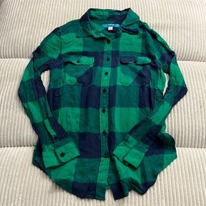 Francesca’s Collections Green and Navy Blue Plaid Shirt